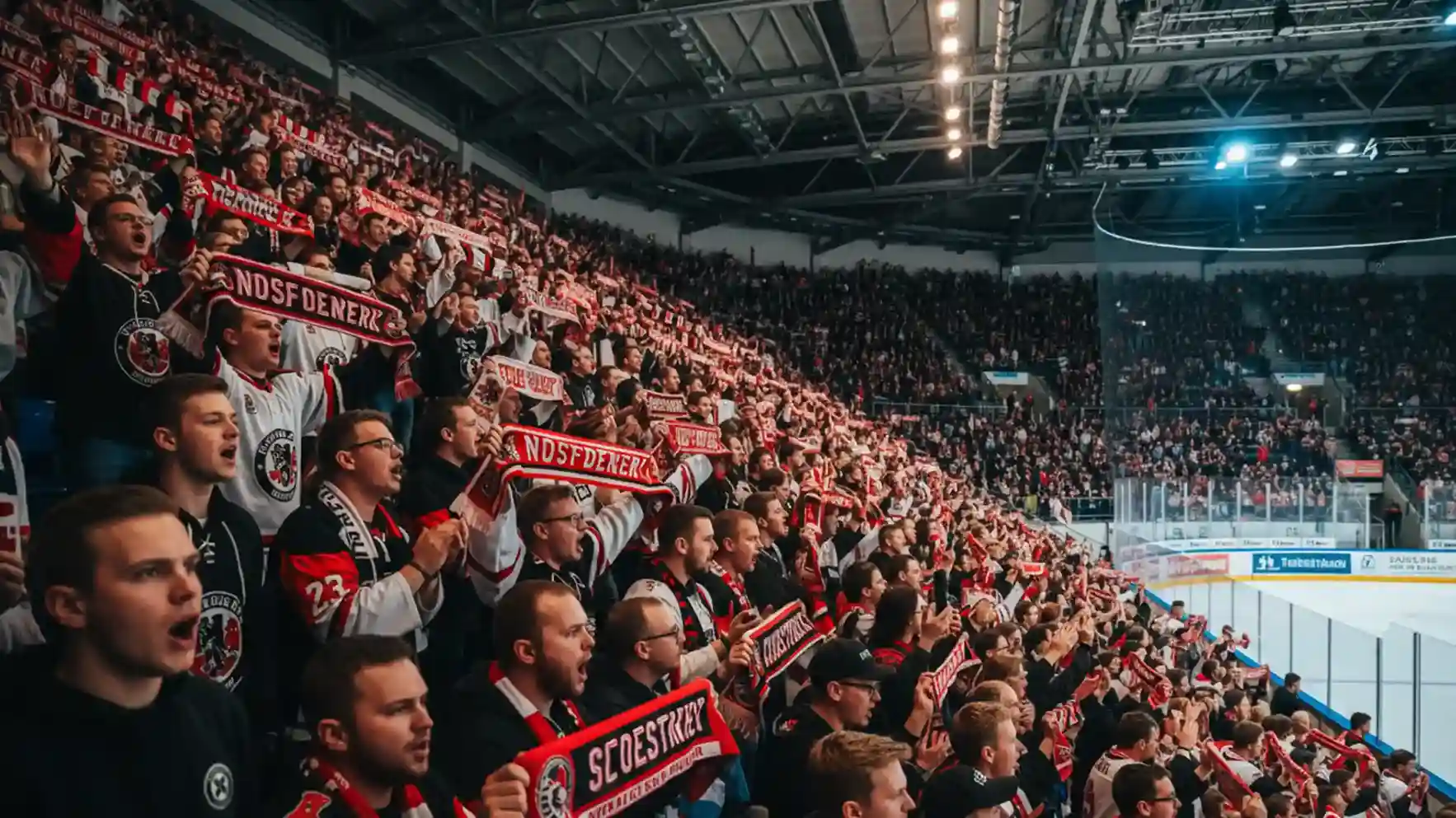 Leidenschaftliche deutsche Eishockeyfans in der Arena während eines intensiven Derbyspiels