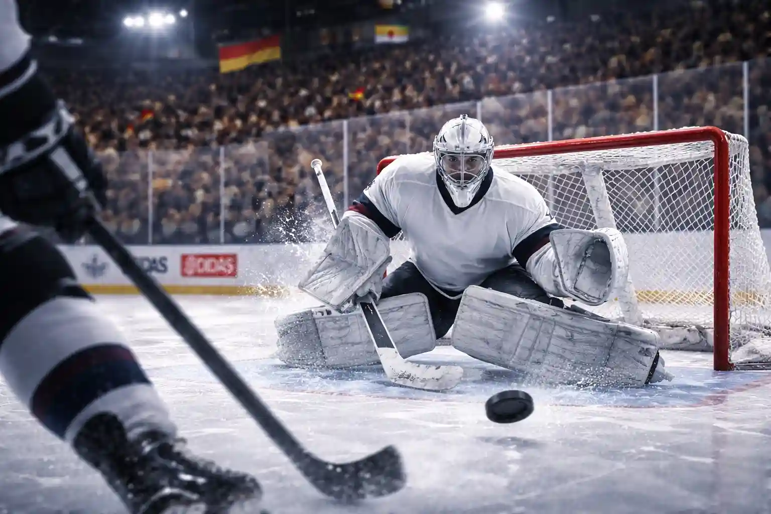 Eishockey-Szene in der DEL mit Spielern vor dem Tor