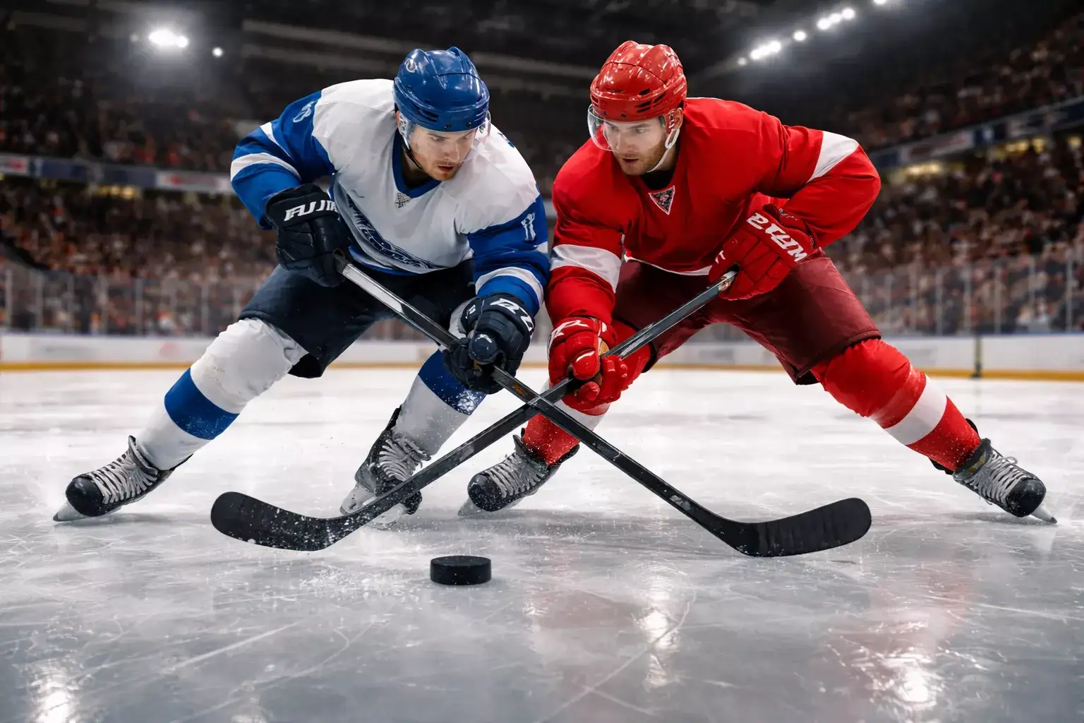Eishockeyspieler im Zweikampf während eines DEL2-Spiels unter Flutlicht