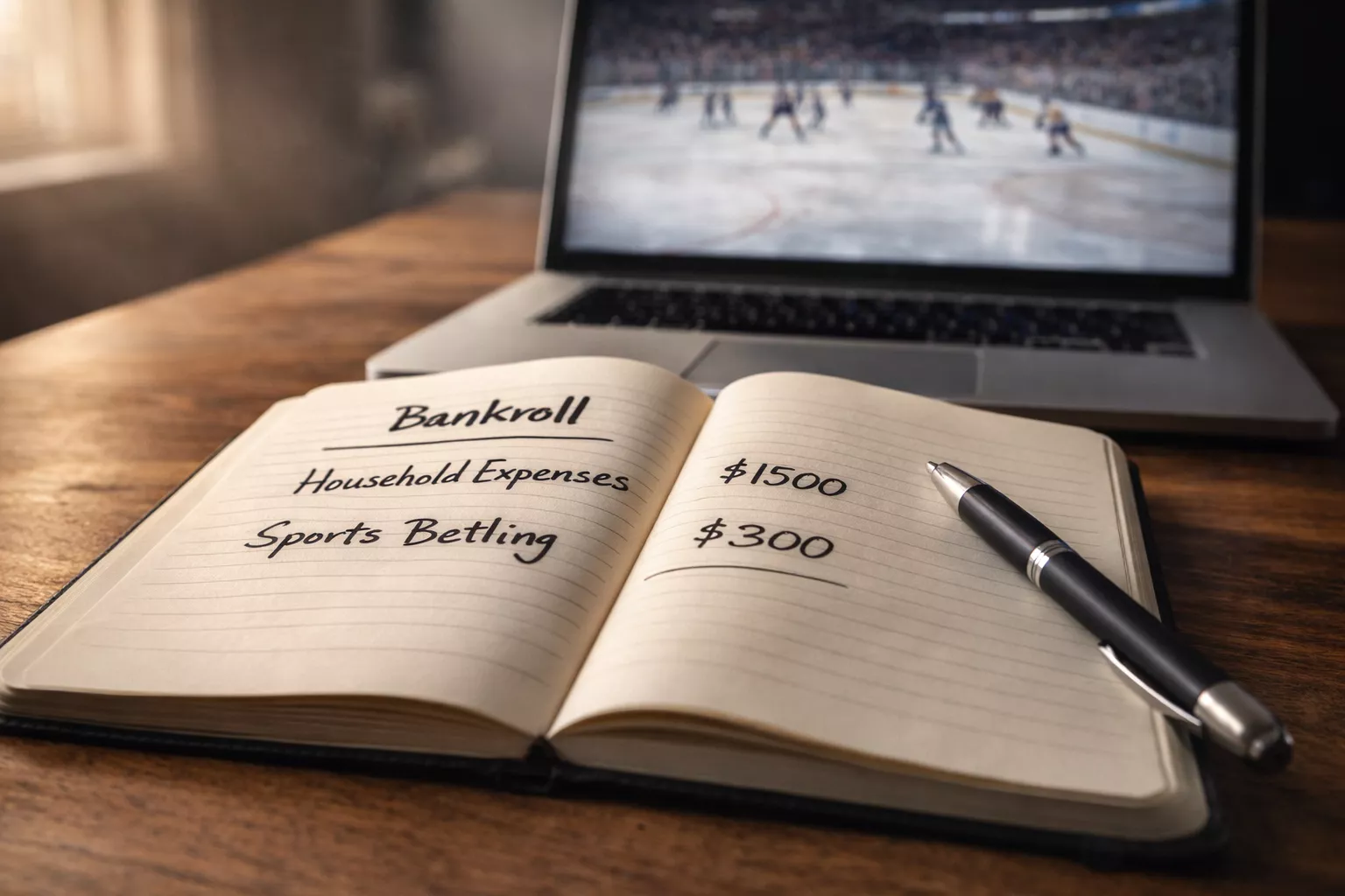 Notizblock mit Eishockey-Wetten-Strategie und Stift auf einem Tisch