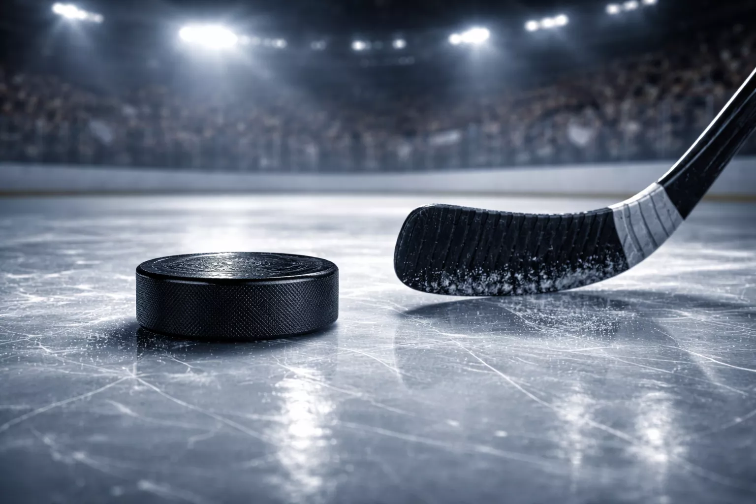 Eishockey-Puck und Schläger mit Wettquoten-Anzeige im Hintergrund