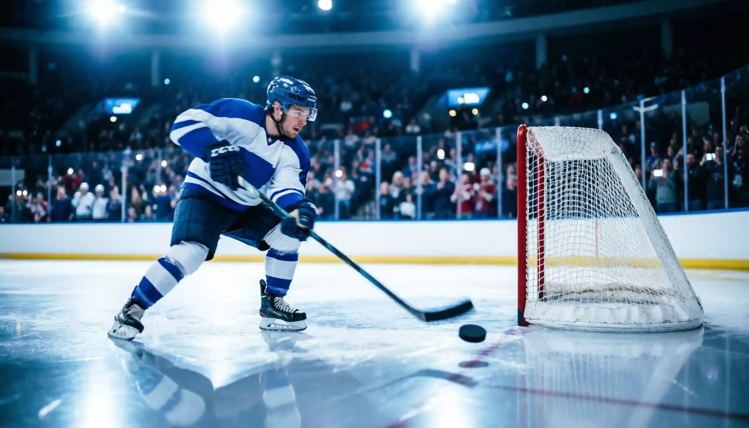 Eishockeyspieler vor einem leeren Tor in einer dramatischen Spielszene