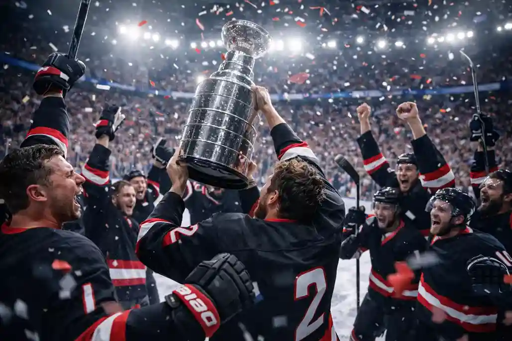 Eishockeymannschaft feiert mit dem Pokal – Langzeitwetten auf den Meister