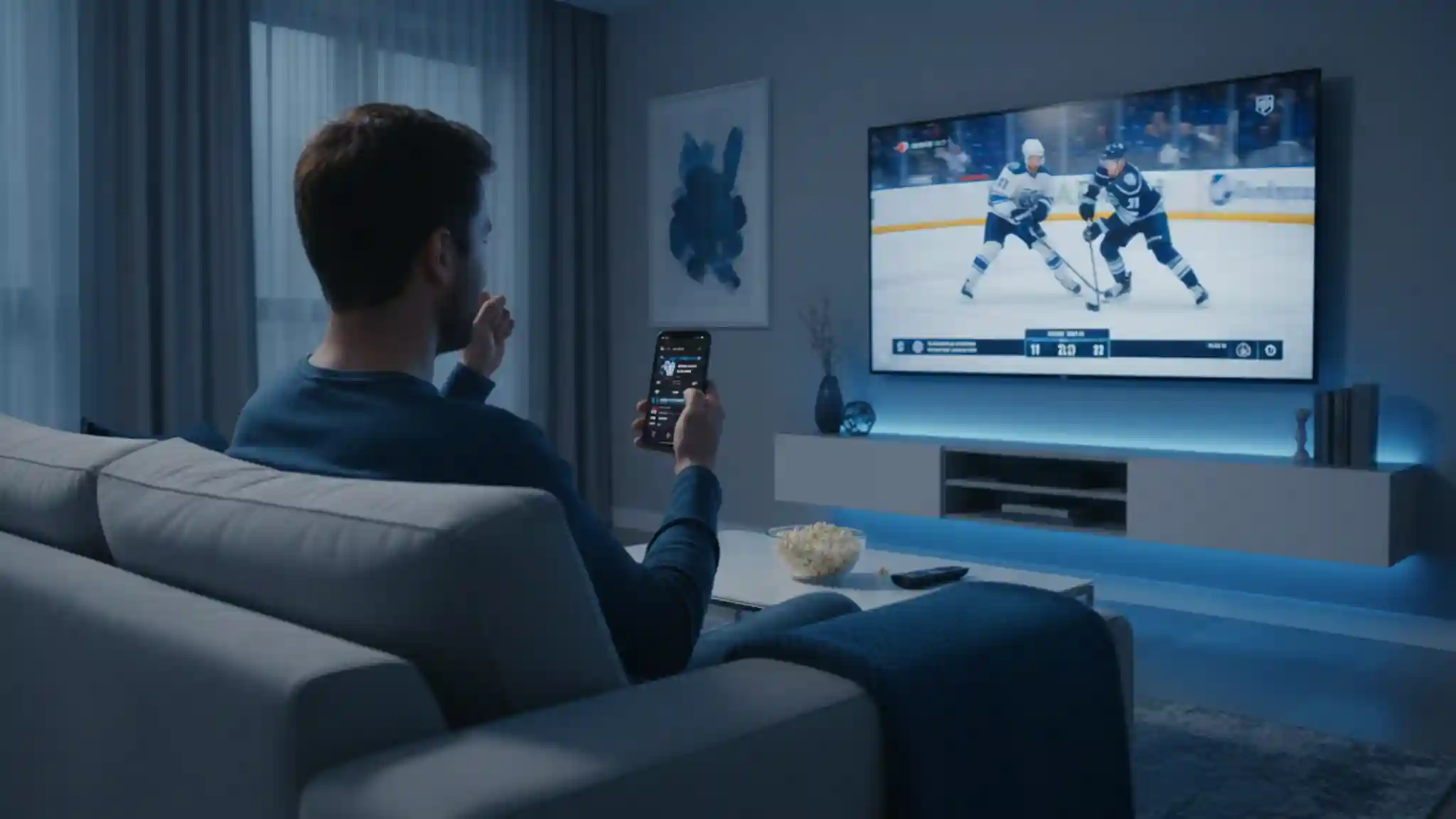 Fan verfolgt Live-Eishockeyspiel im Fernsehen mit Smartphone in der Hand für Live-Wetten