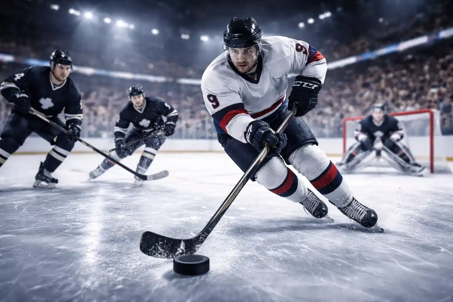 Intensiver Eishockey-Moment mit Spieler im Angriff auf das Tor