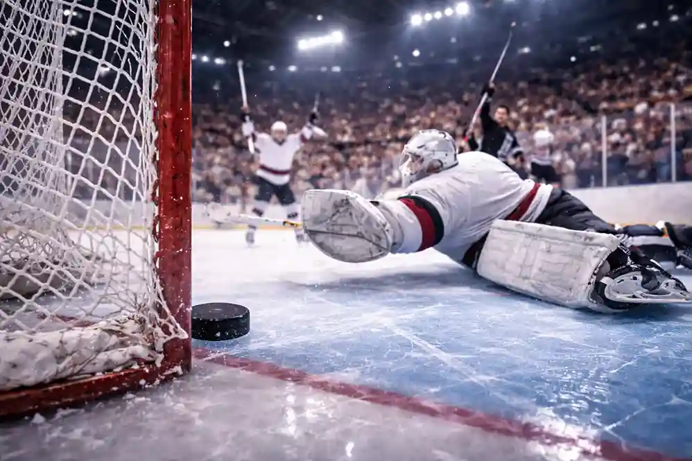 Puck fliegt ins Eishockeytor mit jubelnden Fans – Over/Under Torwetten