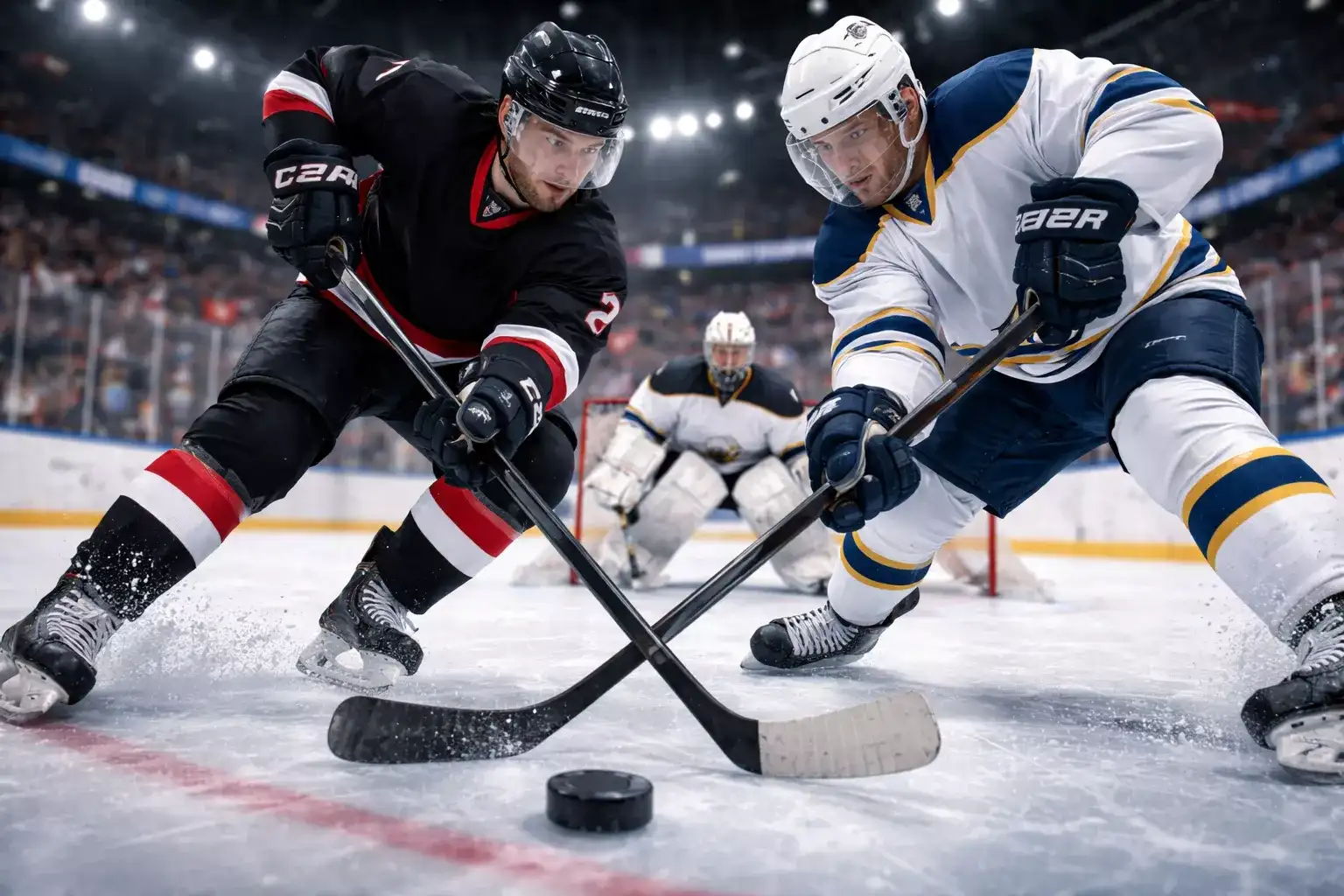 Eishockeyspieler kämpfen um den Puck vor dem Tor – Puck Line Wetten Konzept