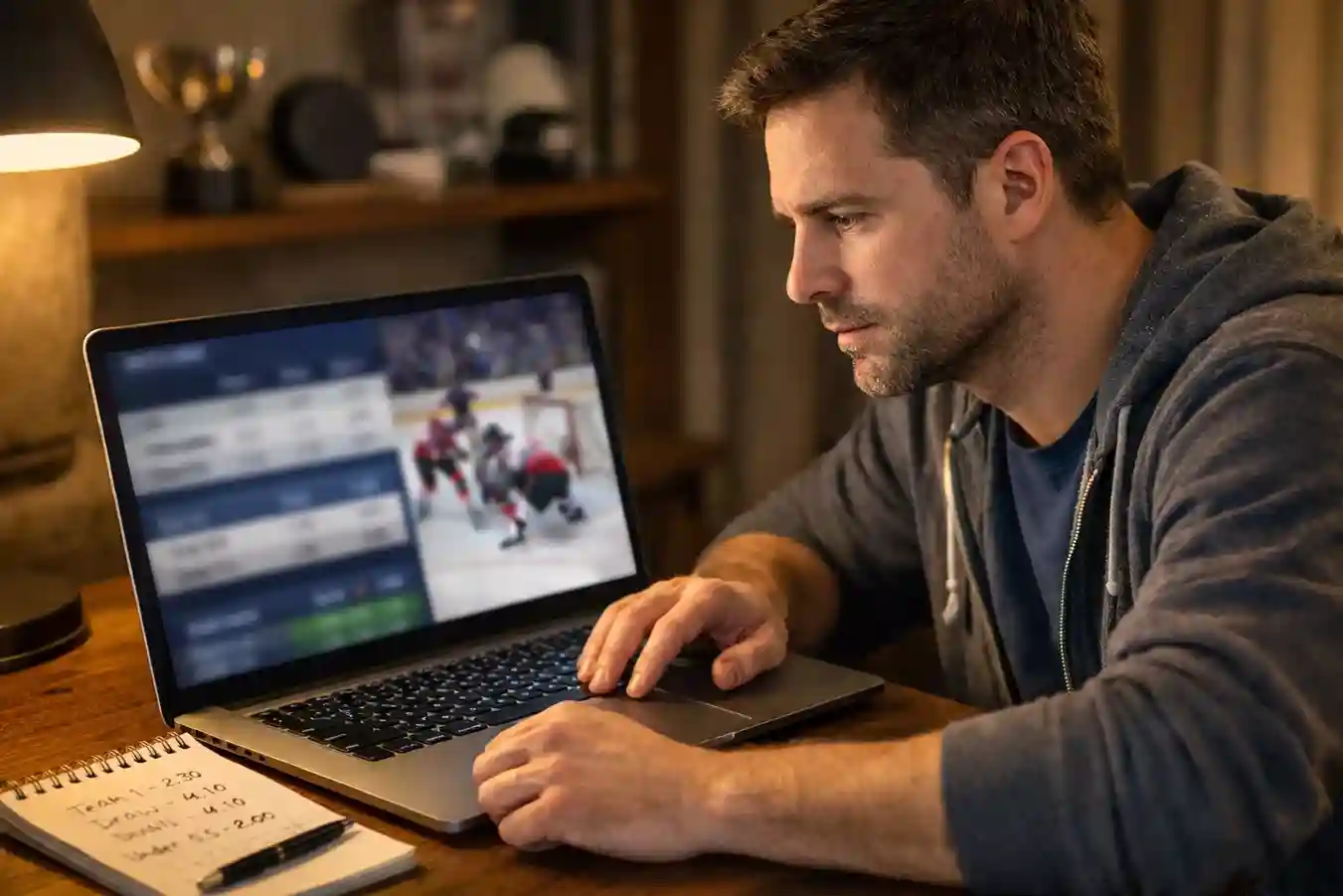 Sportfan analysiert Eishockey-Statistiken auf einem Laptop