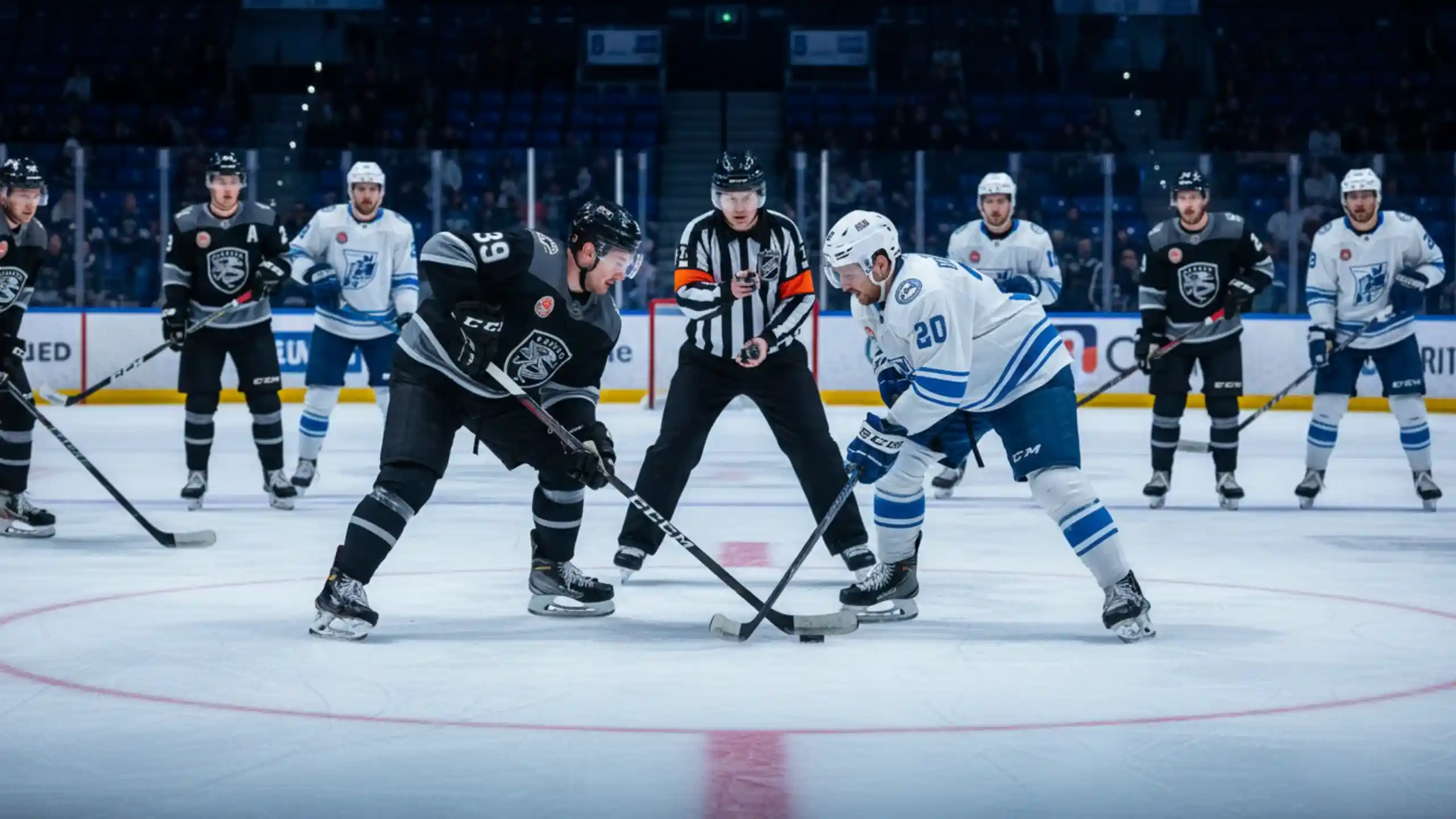 Intensiver Faceoff-Moment zwischen zwei Eishockeyspielern am Mittelpunkt als Symbol für Siegwetten