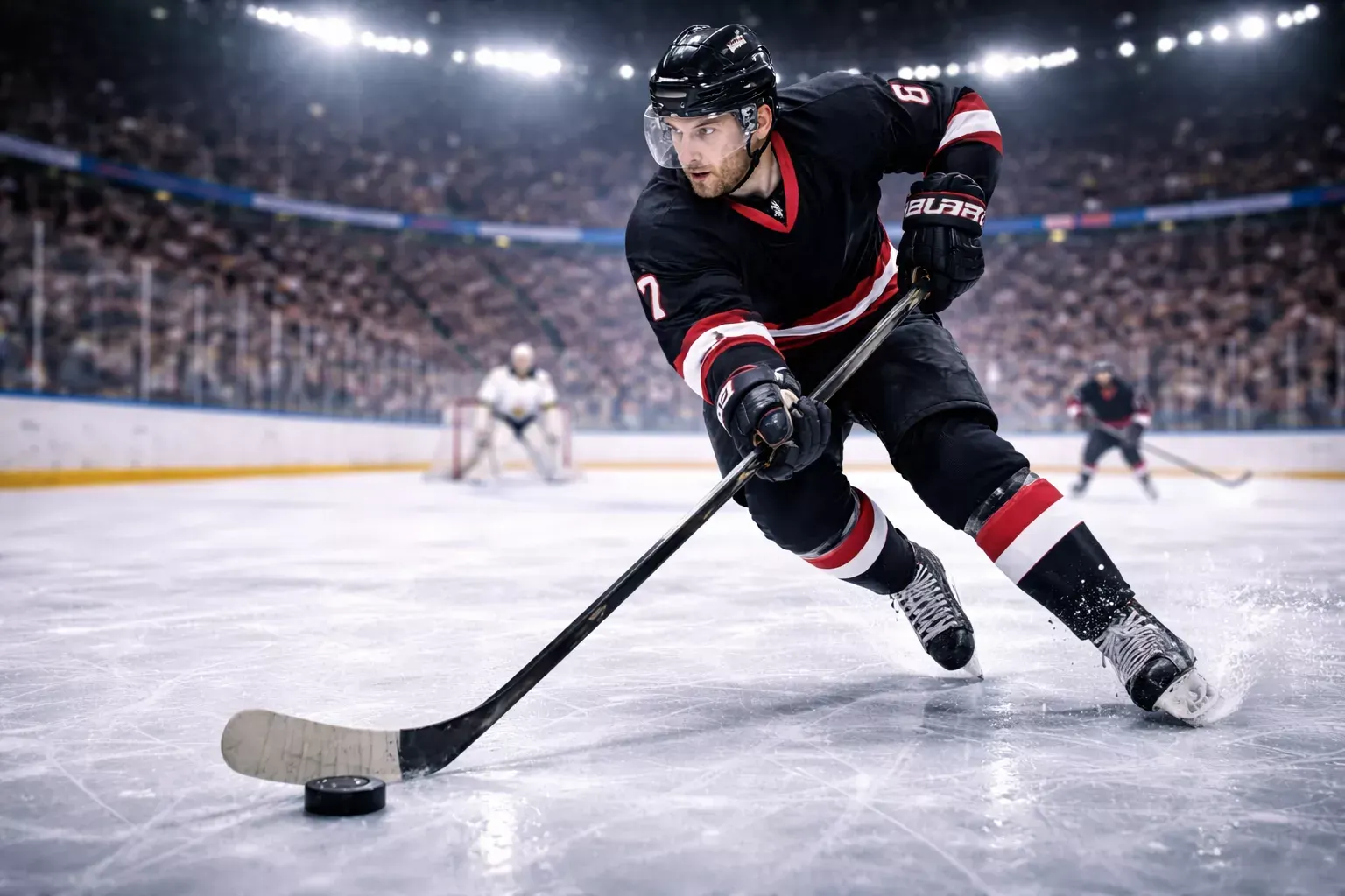 Eishockeyspieler auf dem Eis mit Puck – Advanced Stats Konzept