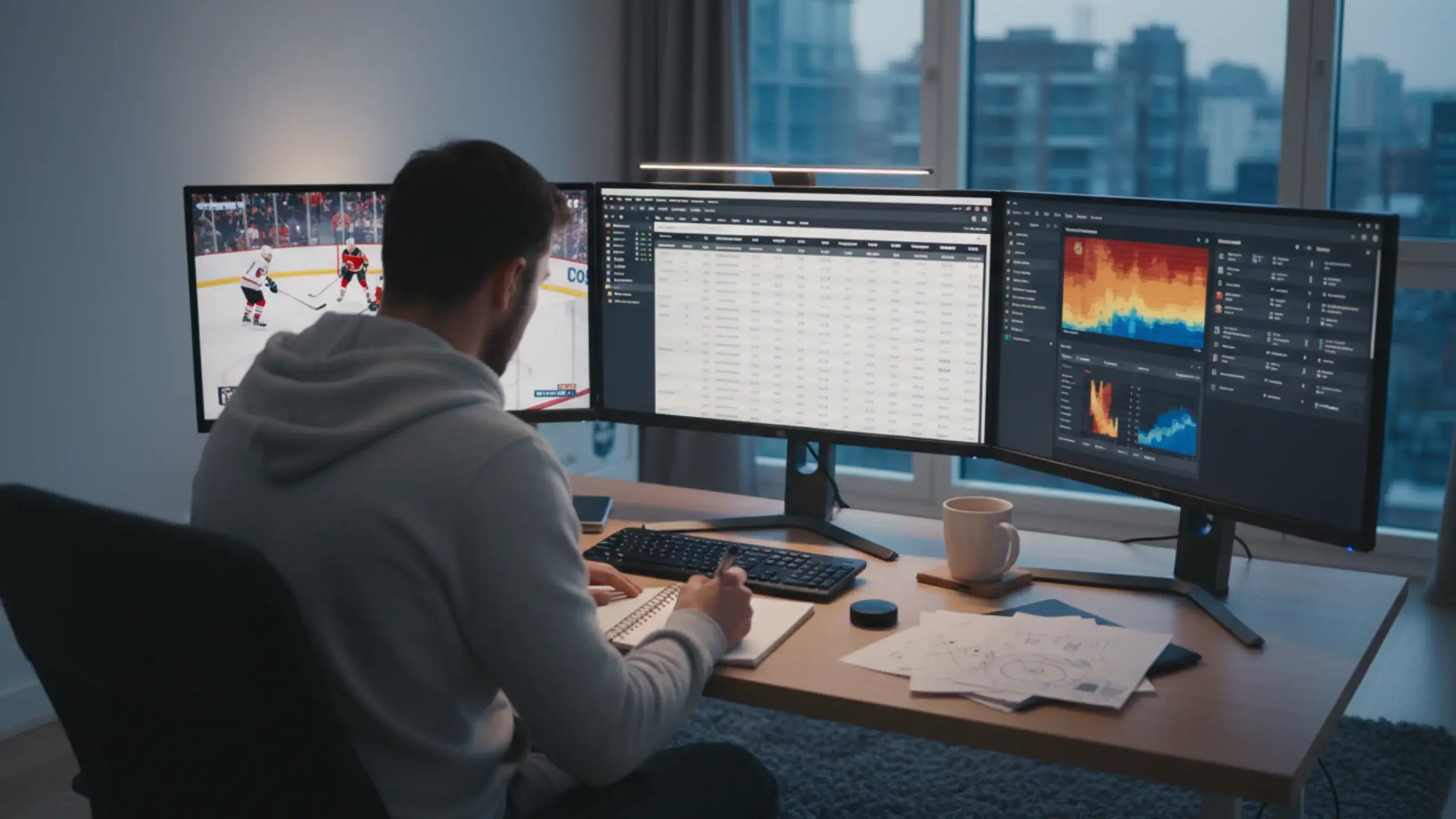 Person analysiert Eishockey-Statistiken an mehreren Bildschirmen für strategische Wettentscheidungen