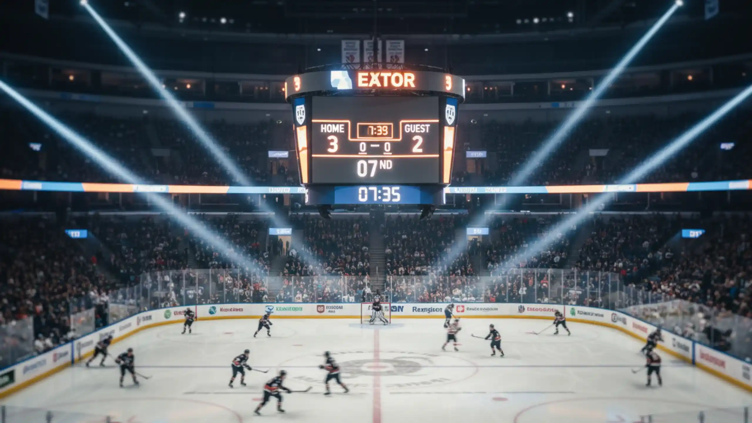 Eishockey-Arena mit digitalem Scoreboard und spannendem Spielstand für Wettanalyse