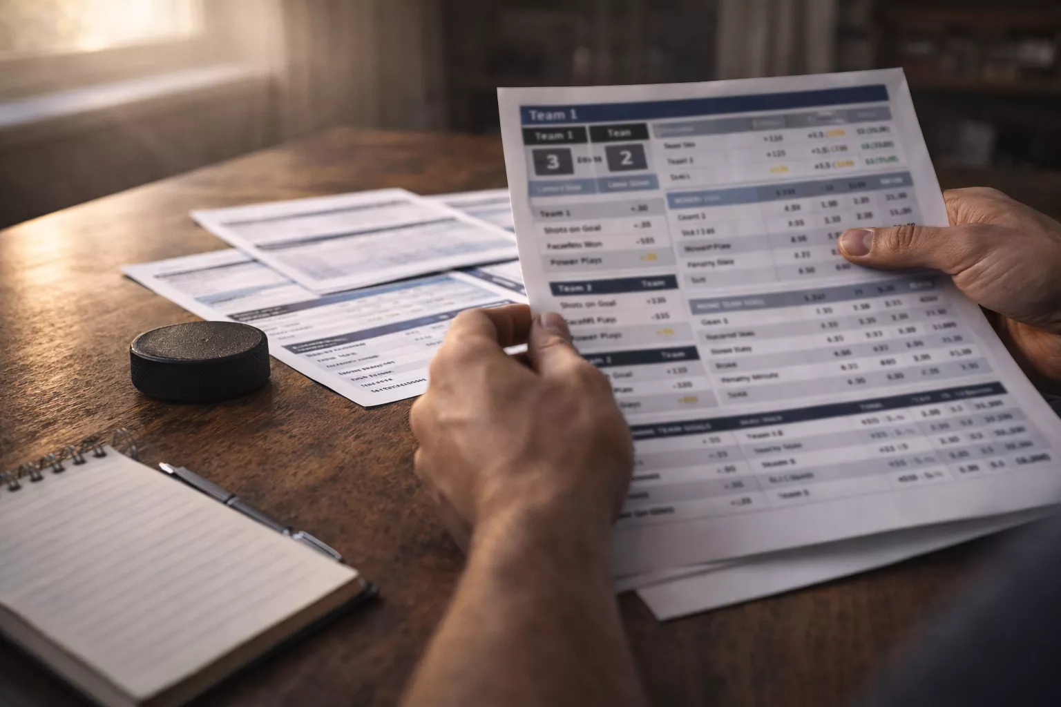 Person analysiert Eishockey-Statistiken am Schreibtisch mit Notizblock