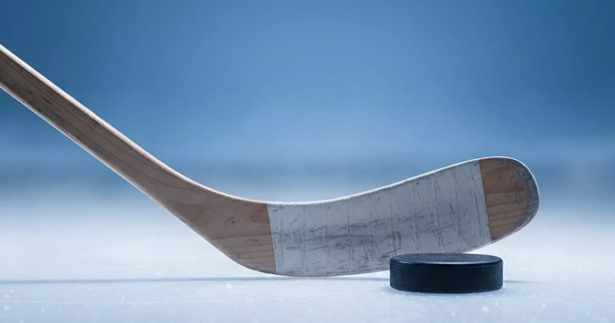 Eishockey-Puck und Schläger auf Eis mit Fachbegriffen