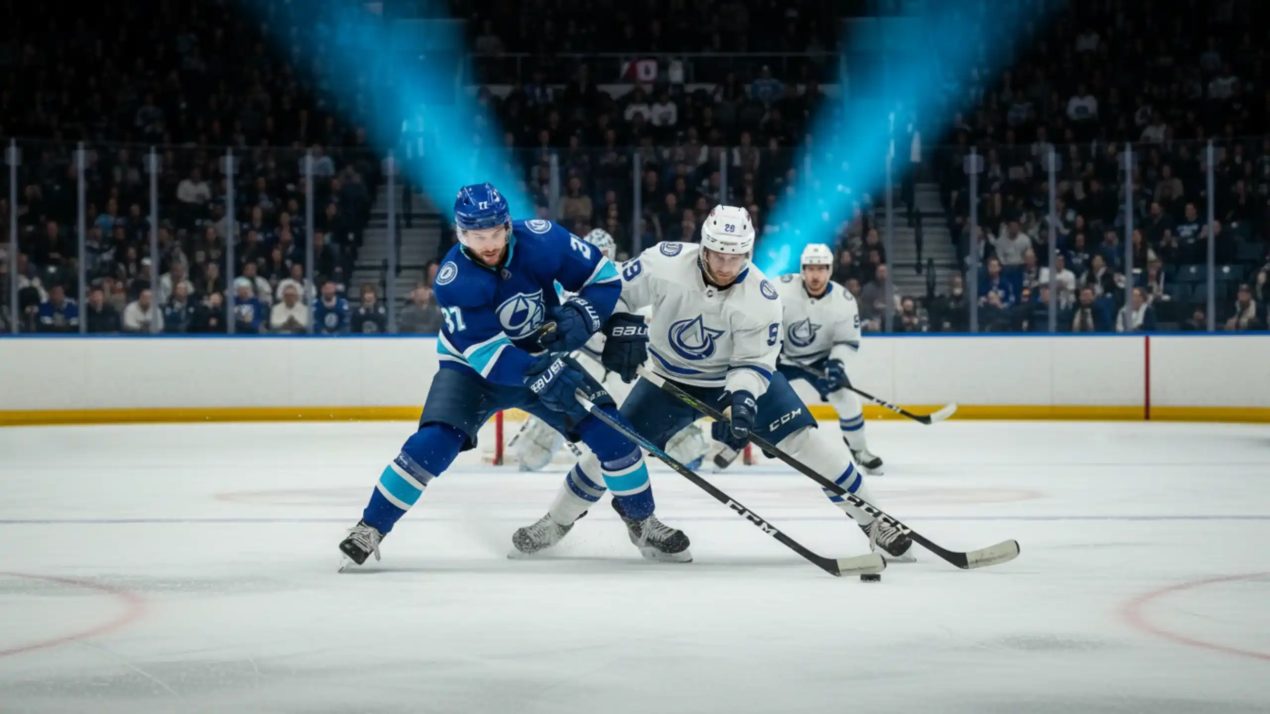 Dynamische Eishockey-Szene in einer modernen Arena mit Spielern im Kampf um den Puck