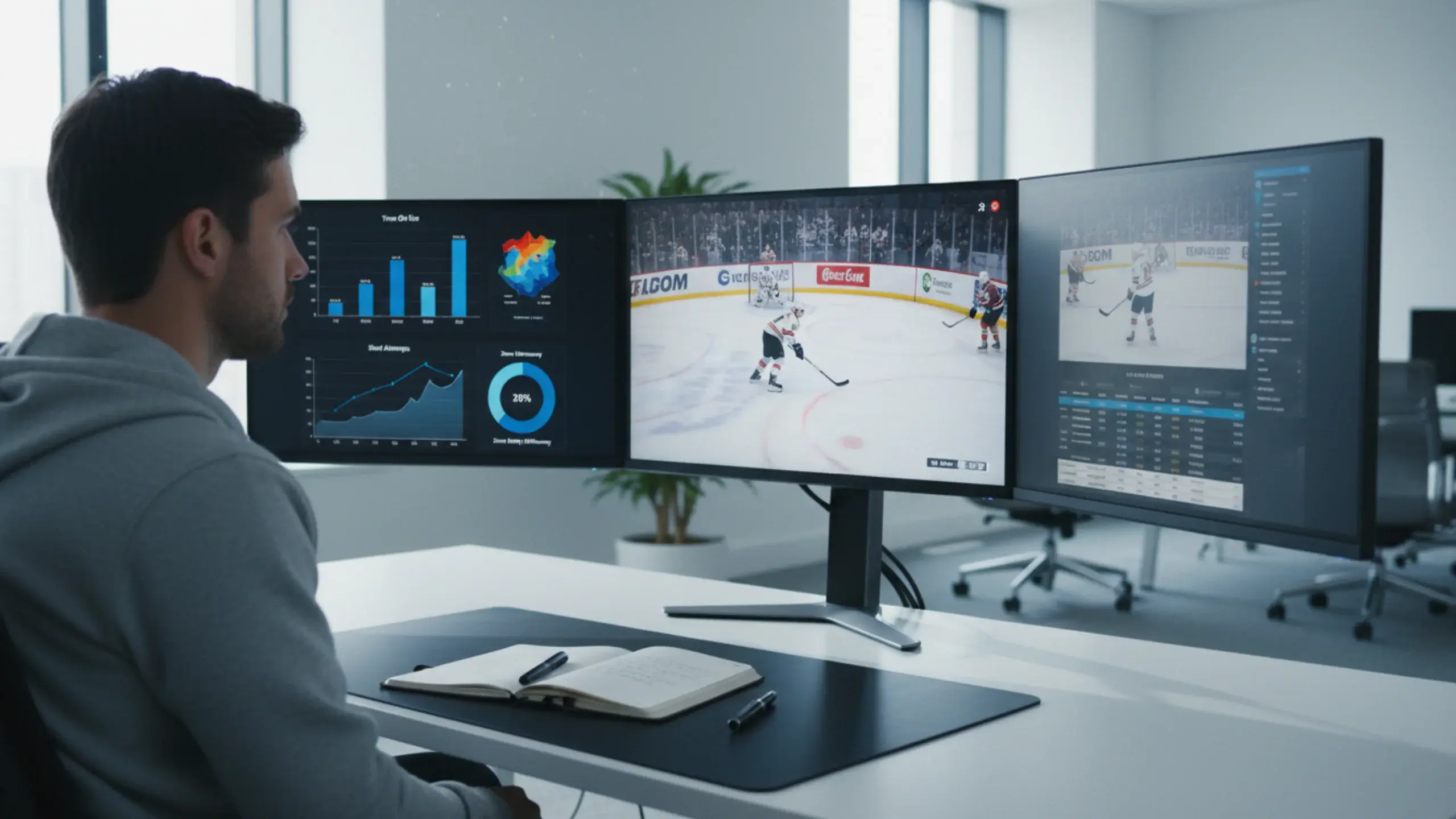 Analyst bei der Arbeit mit Hockey-Statistiken und Spielanalysen auf mehreren Monitoren