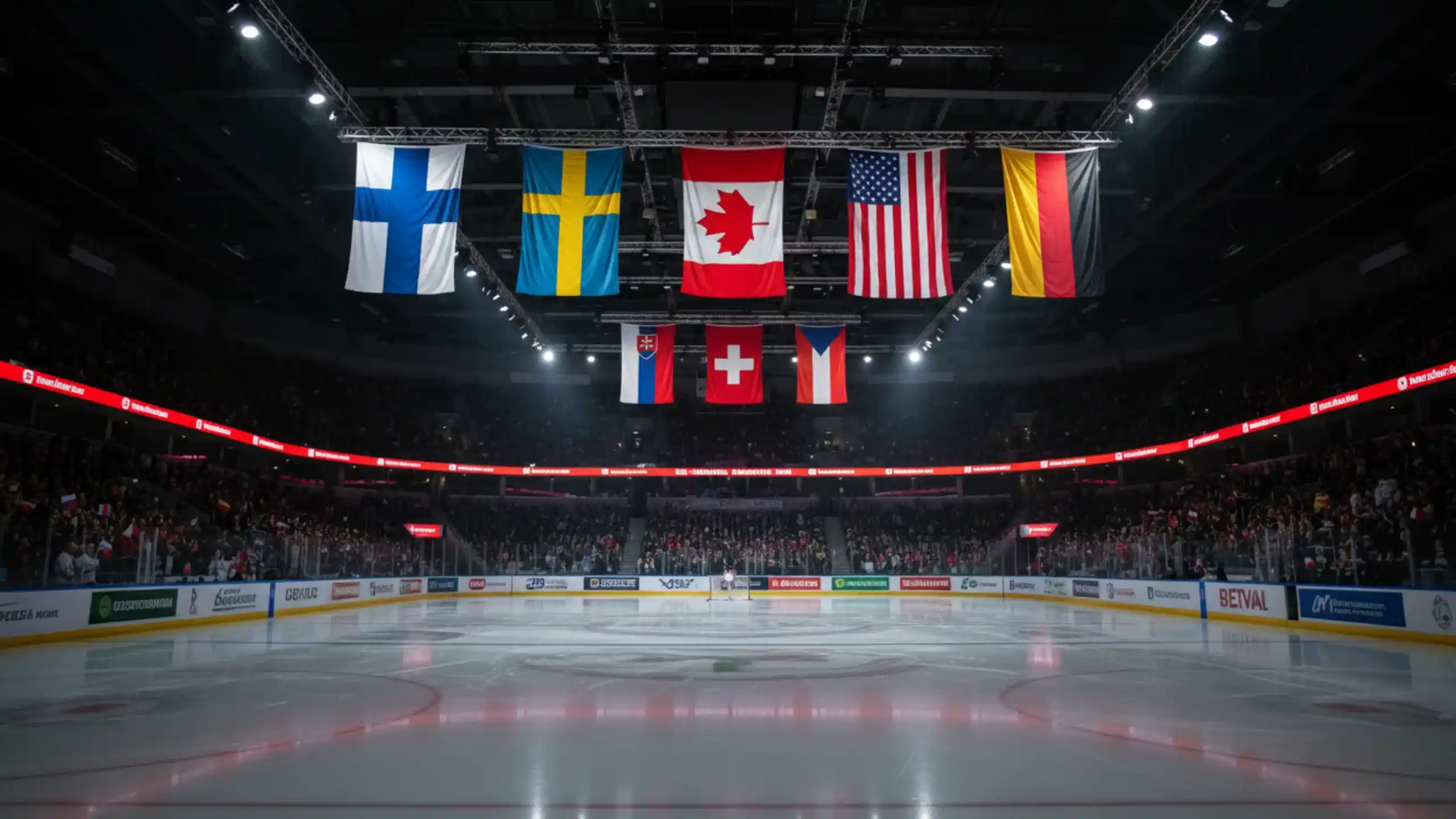 Nationalflaggen der Top-Eishockeynationen in der WM-Arena - Finnland, Schweden, Kanada, USA, Schweiz und Deutschland