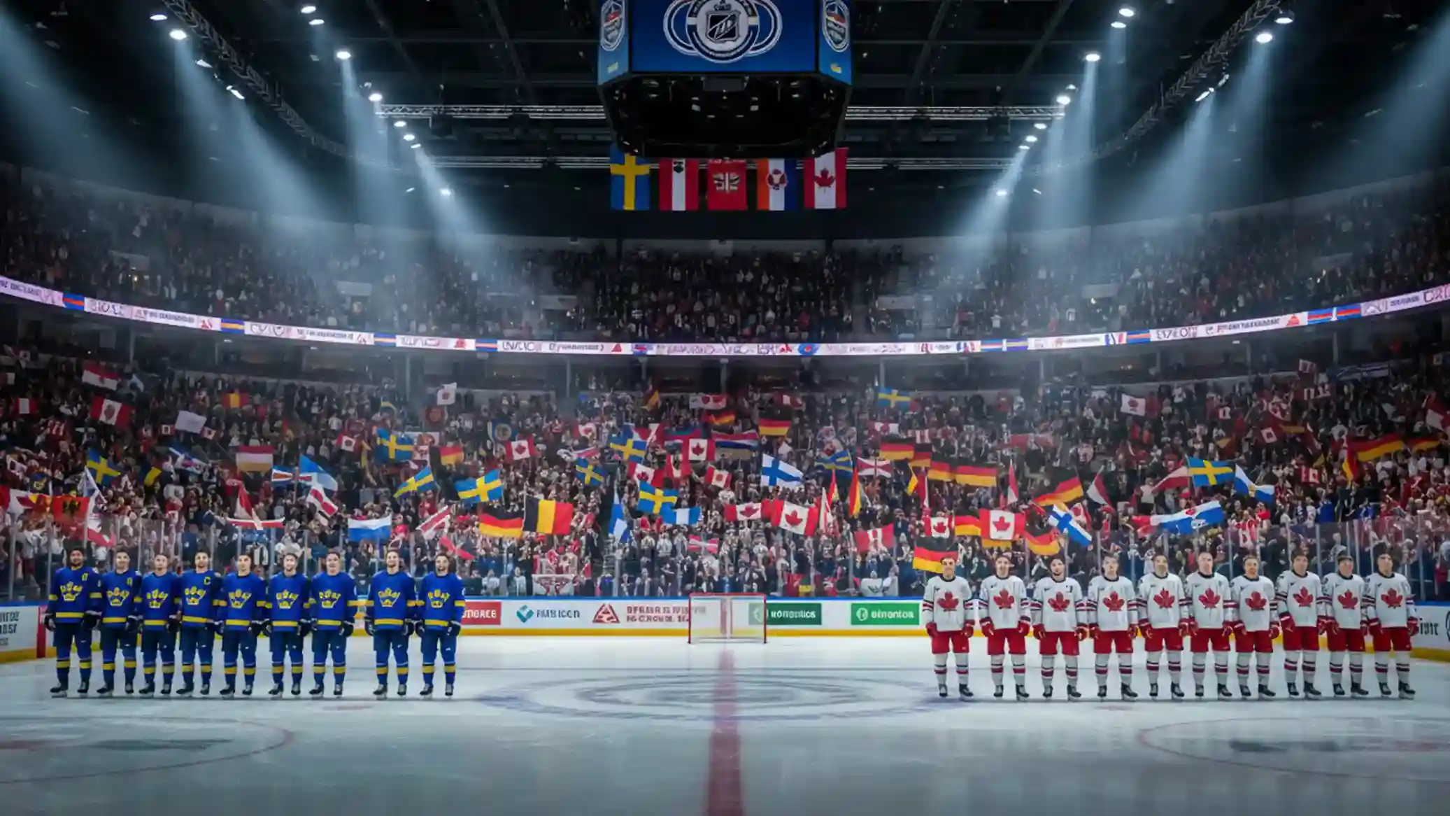 Internationale Eishockey-WM-Arena mit Fans die verschiedene Nationalflaggen schwenken