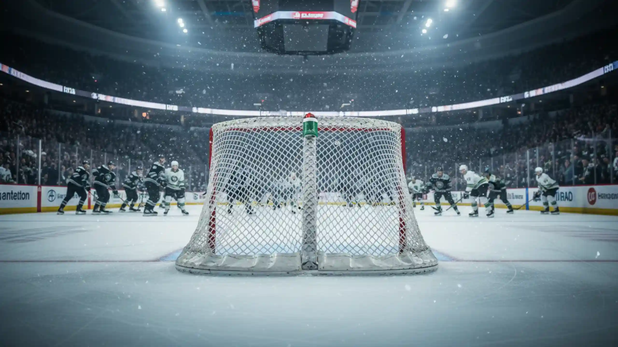 Leeres Eishockeytor ohne Torwart während einer dramatischen Empty-Net-Situation im Spiel