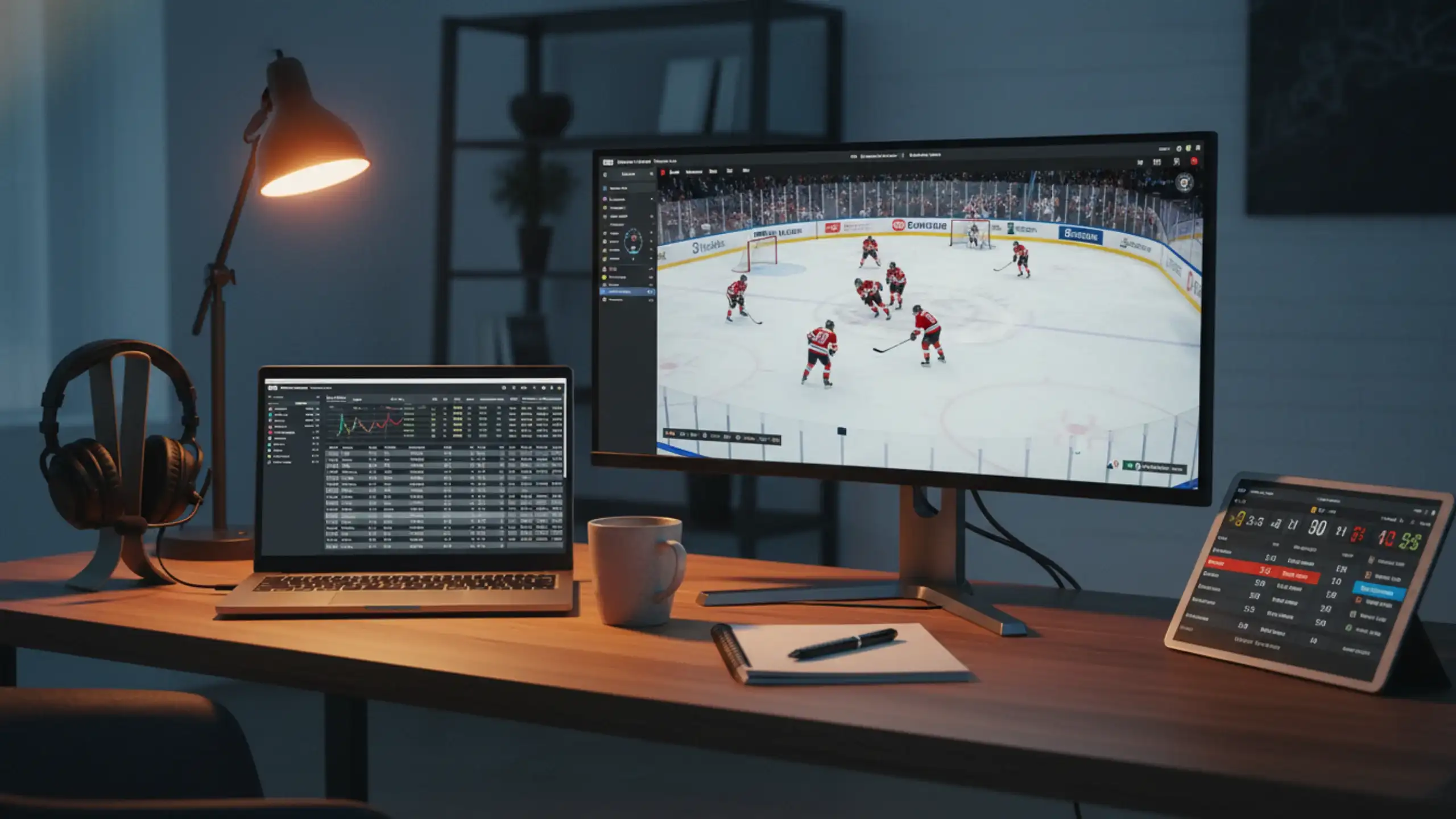 Professionelles Multi-Screen-Setup für Live-Wetten mit Statistiken und Eishockey-Stream