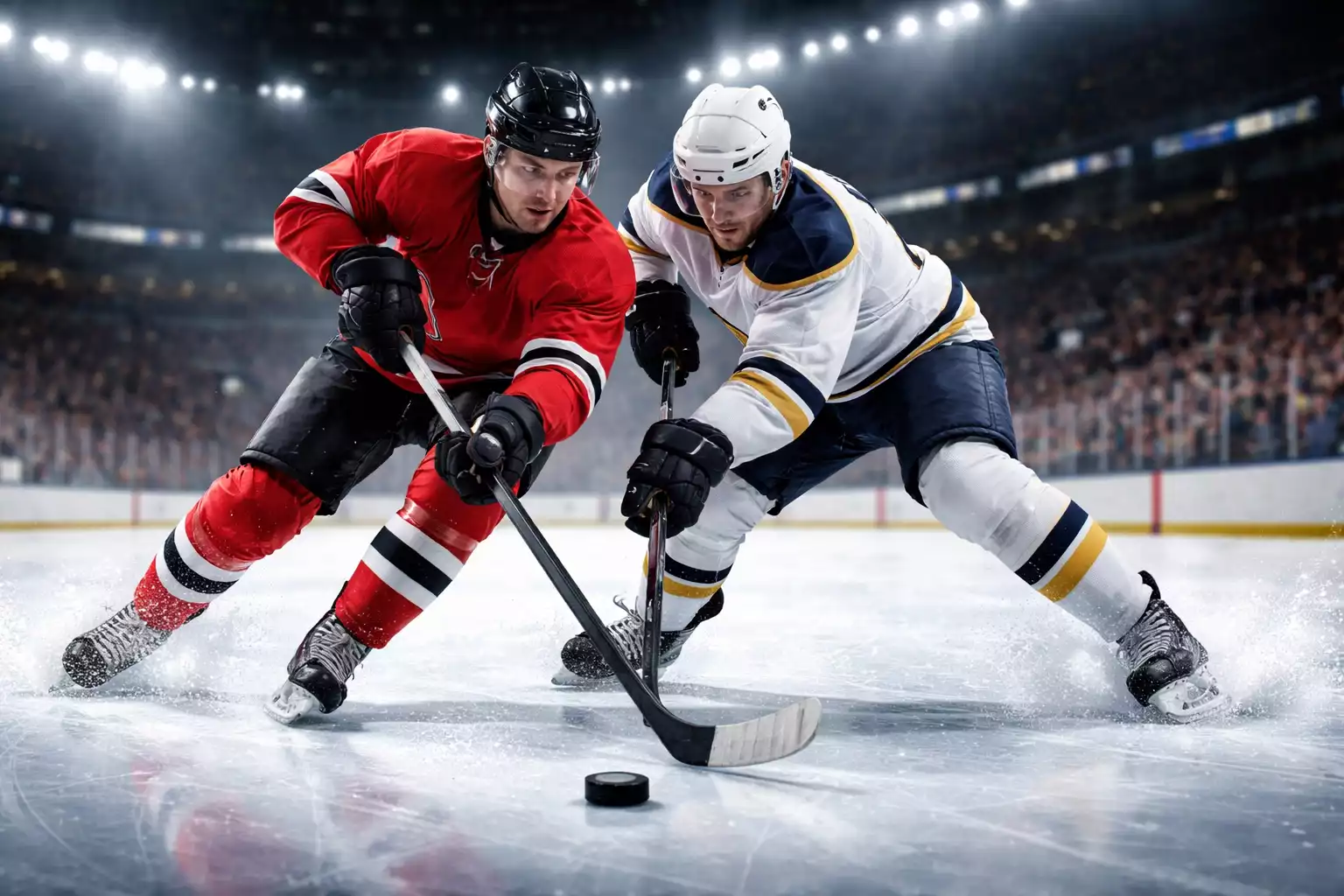NHL Eishockey-Spieler im Zweikampf auf dem Eis während eines Spiels
