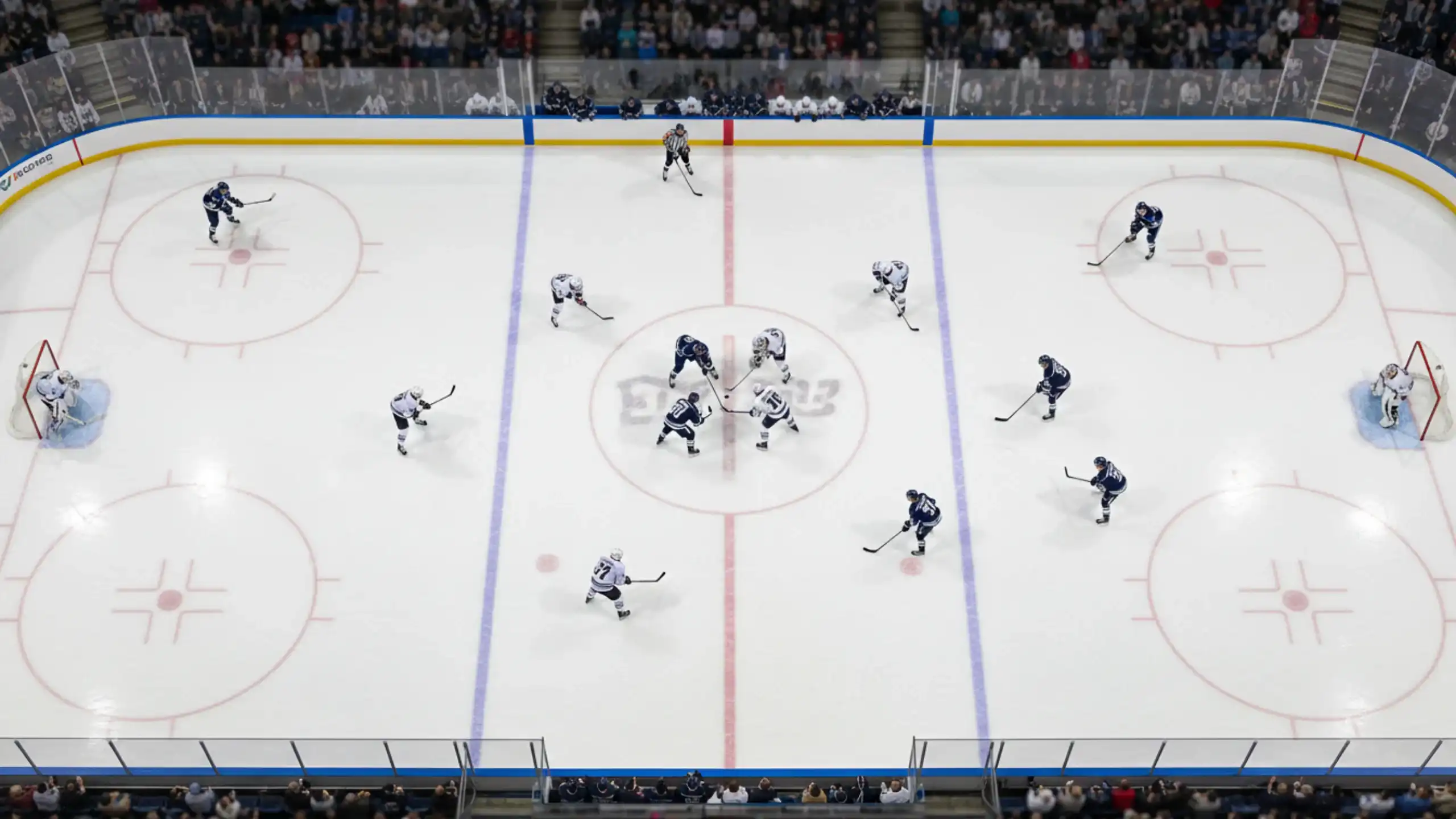 Luftaufnahme eines NHL-Eishockeyfelds mit strategischer Spielerpositionierung während eines Faceoffs