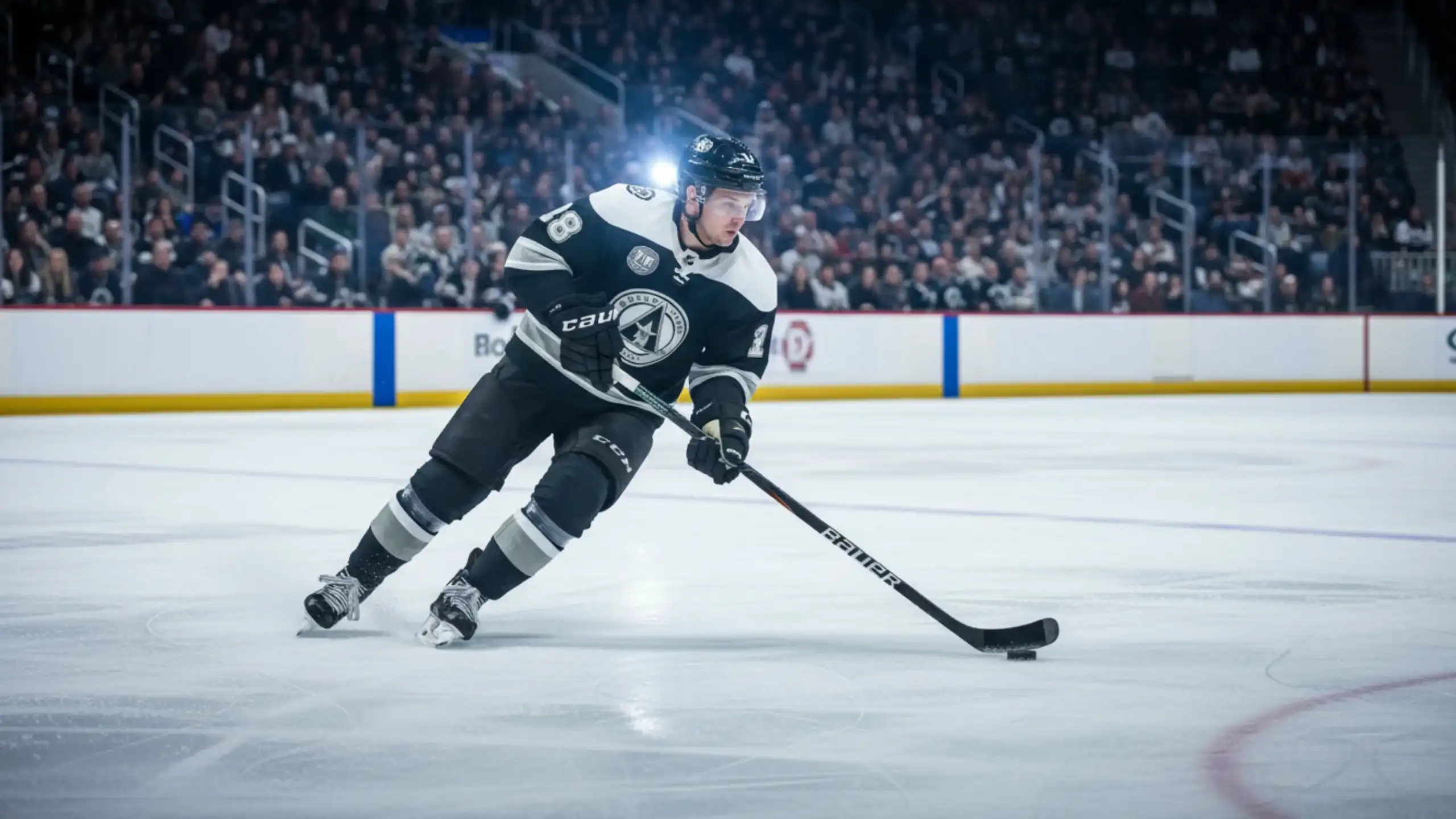 Dynamische Eishockey-Action in einer vollen NHL-Arena mit professionellem Spieler auf dem Eis