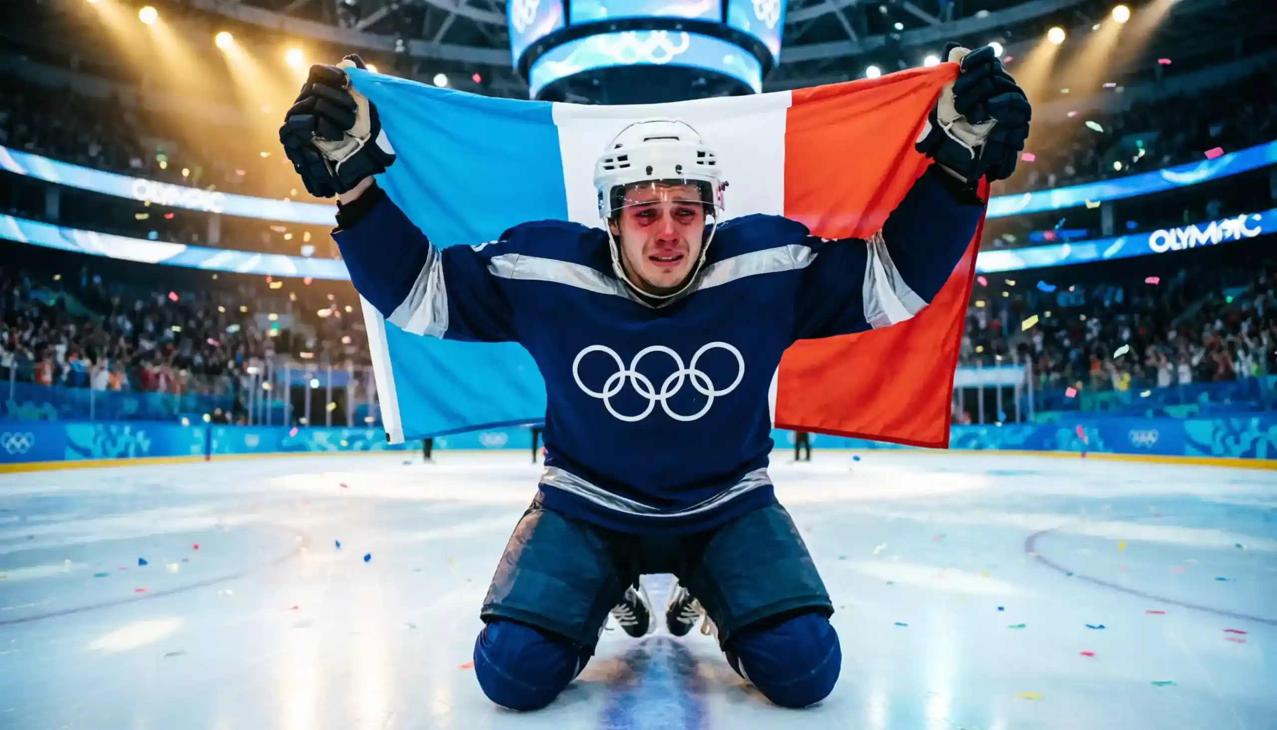 Eishockeyspieler mit Nationalflagge bei den Olympischen Spielen